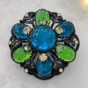 Vintage Retro Blue Green Clear Cabochon Adjustable Pin Brooch Round